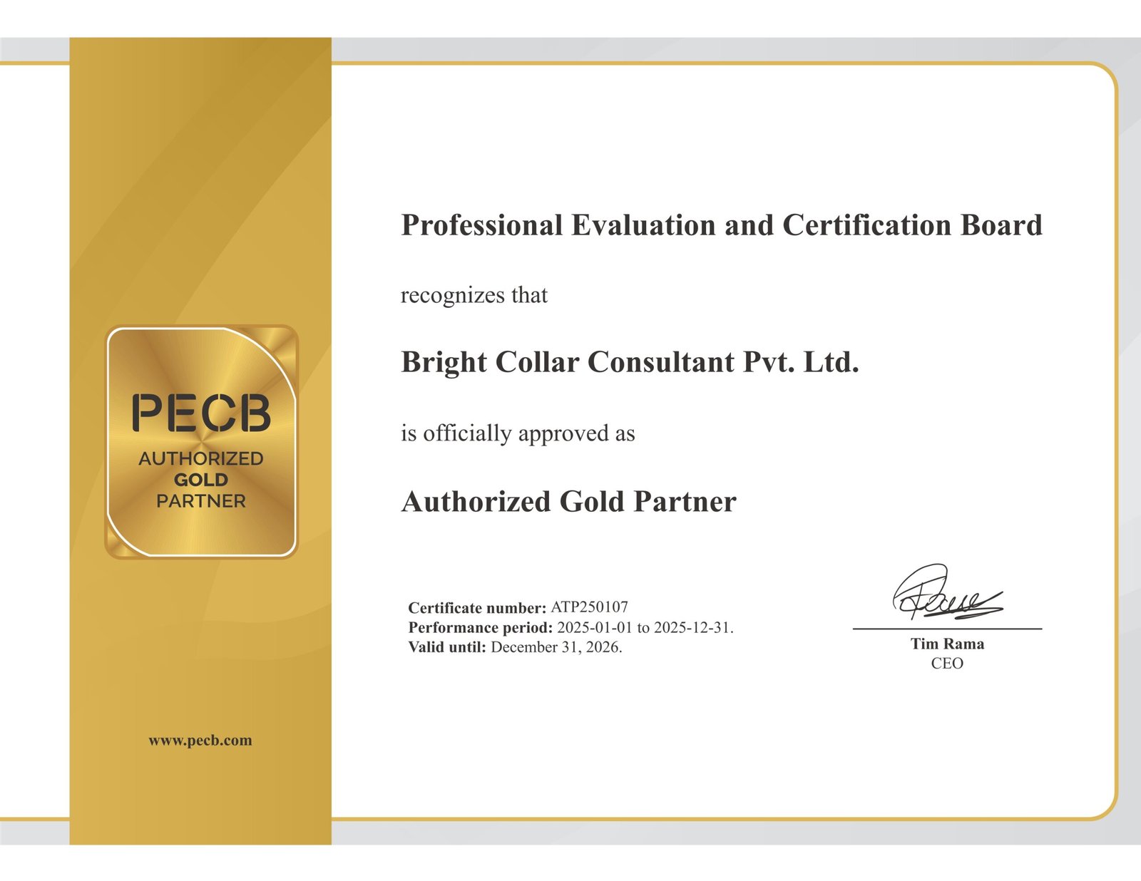 Bright Collar PECB Gold Partner certificate